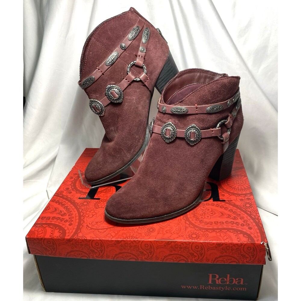 Reba Zabrina Women’s 8.5M Burgundy Suede Concho Western Booties Zip Heeled Ankle